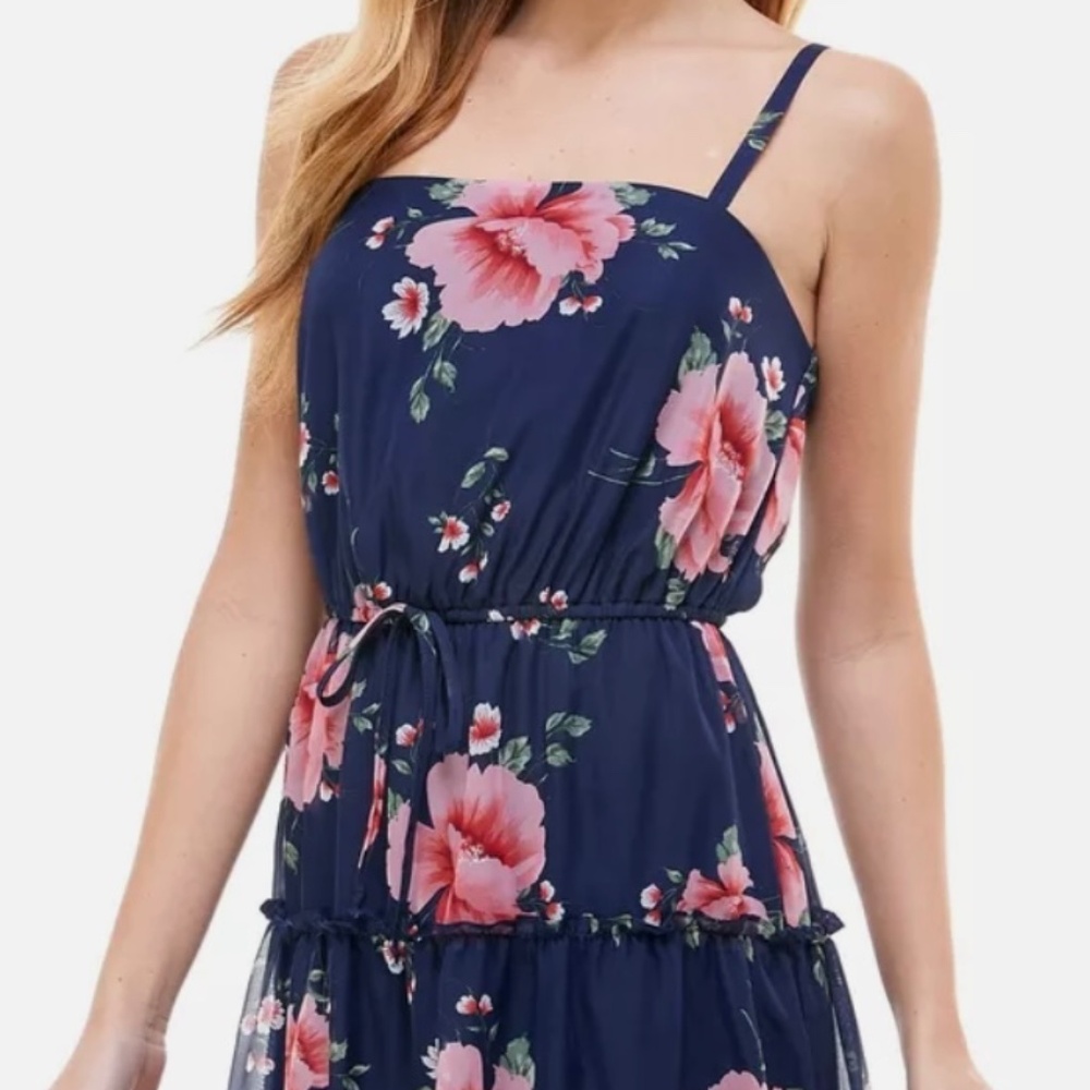 Crystal Doll Spaghetti strap navy floral tiered dress